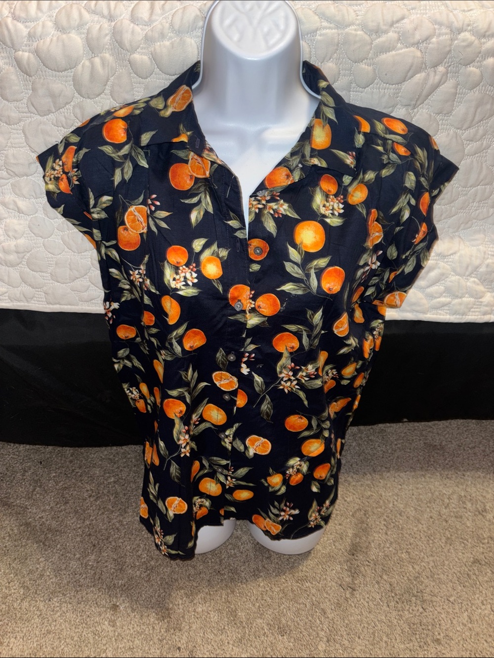 LOFT Navy Button-Down Shirt with Orange Citrus Print